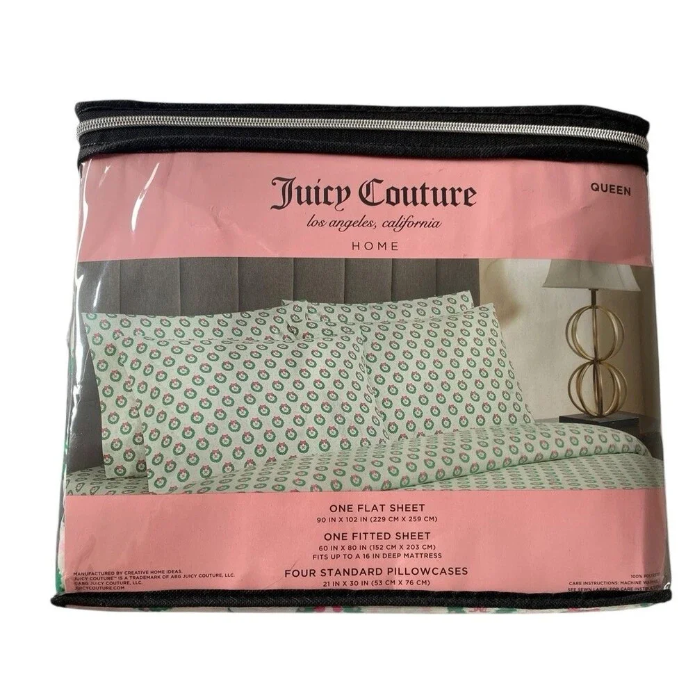 Juicy Couture QUEEN Sheet Set Christmas Wreaths 6-Piece Holiday Bedding